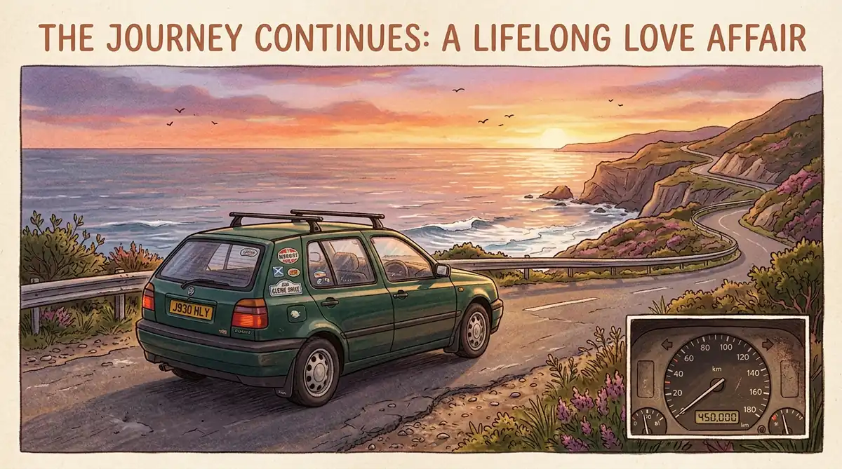 Coche clásico de los años 90 aparcado en una carretera panorámica frente al mar con el cuentakilómetros marcando 450.000 kilómetros
