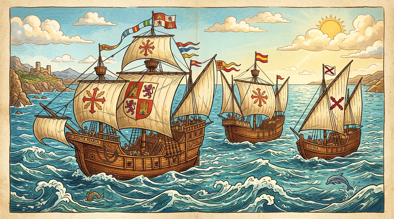 Ilustración editorial de las carabelas de Cristóbal Colón navegando en alta mar en clave satírica y costumbrista