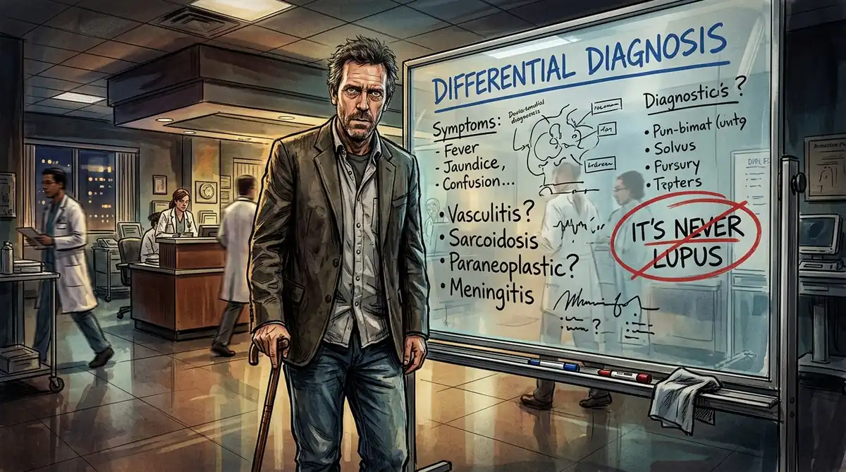 El doctor Gregory House en el hospital apoyado en su bastón frente a una pizarra donde se lee tachado IT'S NEVER LUPUS