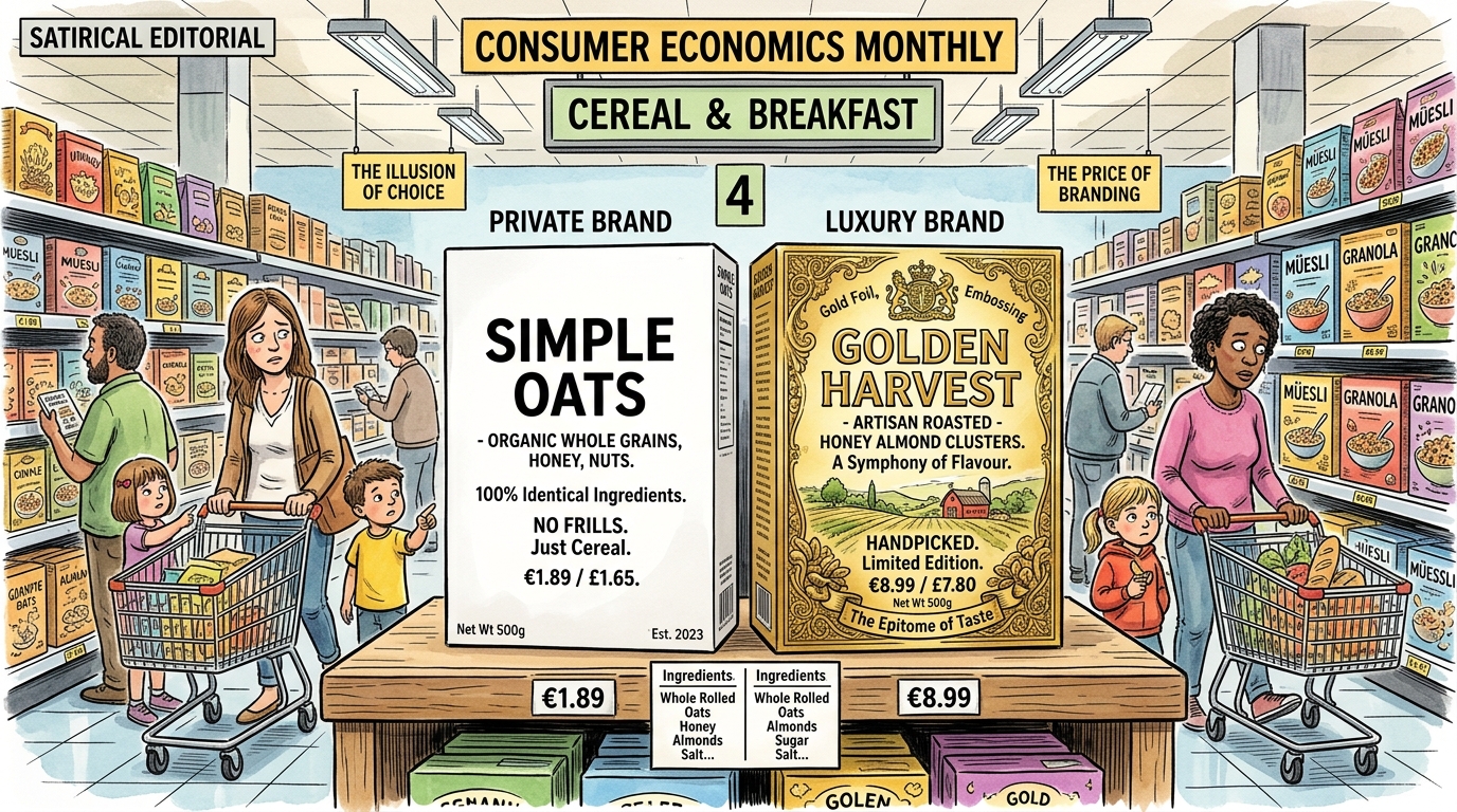 Ilustración editorial de un pasillo de supermercado comparando productos idénticos de marca blanca frente a caras marcas de lujo