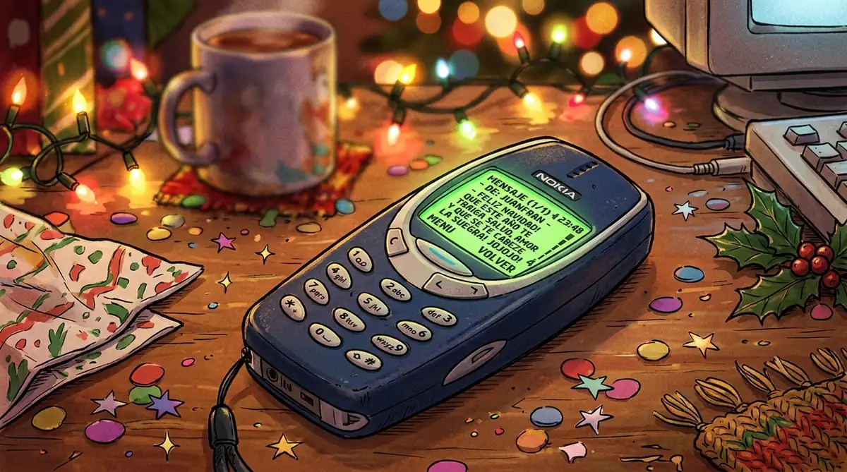 Teléfono móvil clásico tipo Nokia sobre un escritorio festivo de Navidad iluminado con un SMS en pantalla verde