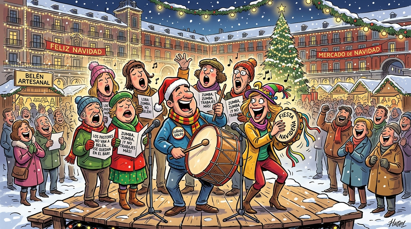 Ilustración satírica de coristas navideños cantando villancicos humorísticos con panderetas y zambombas