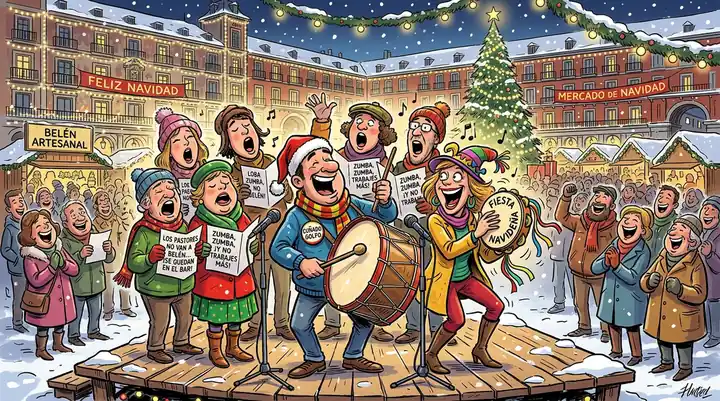 Ilustración satírica de coristas navideños cantando villancicos humorísticos con panderetas y zambombas