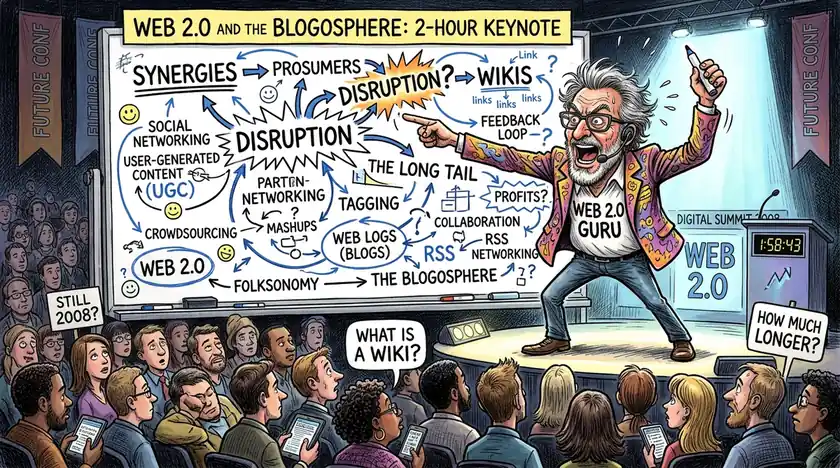 Caricatura de un gurú de la Web 2.0 señalando una pizarra repleta de flechas y palabras vacías como sinergias y prosumidores